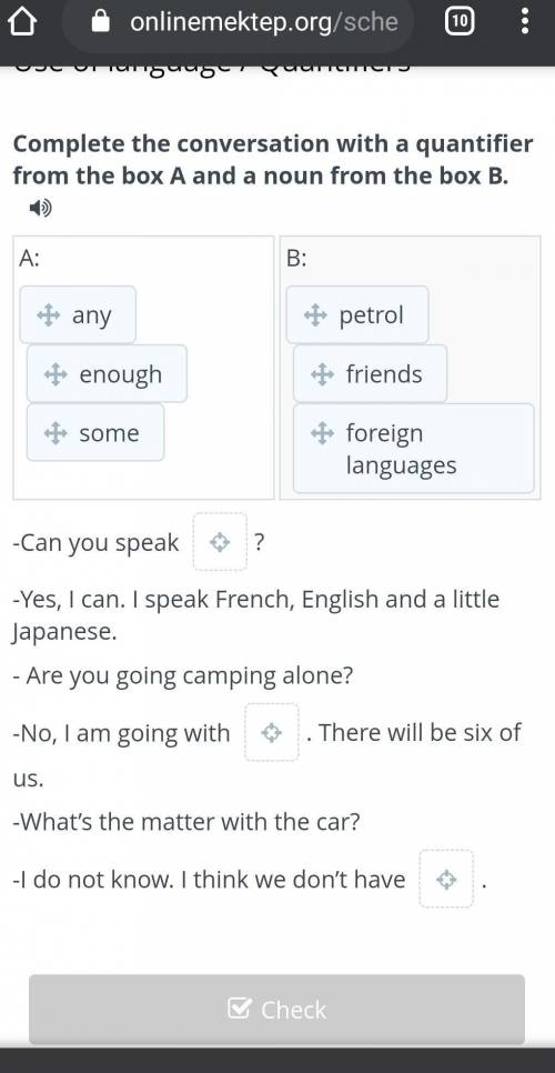 Complete the conversation with a quantifier from the box A and a noun from the box B. A:B:-Can you s