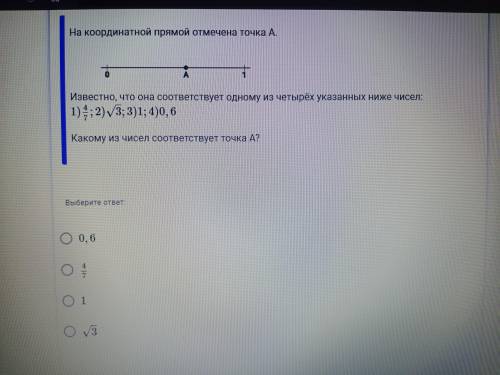 На координатной прямой отмечена точка A. Известно, что она соответствует одному из четырёх указанных