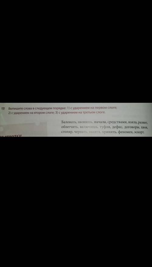 выпишите слова в следующем порядке: 1)с ударением на первом слоге; 2)с ударением на втором слоге; 3)