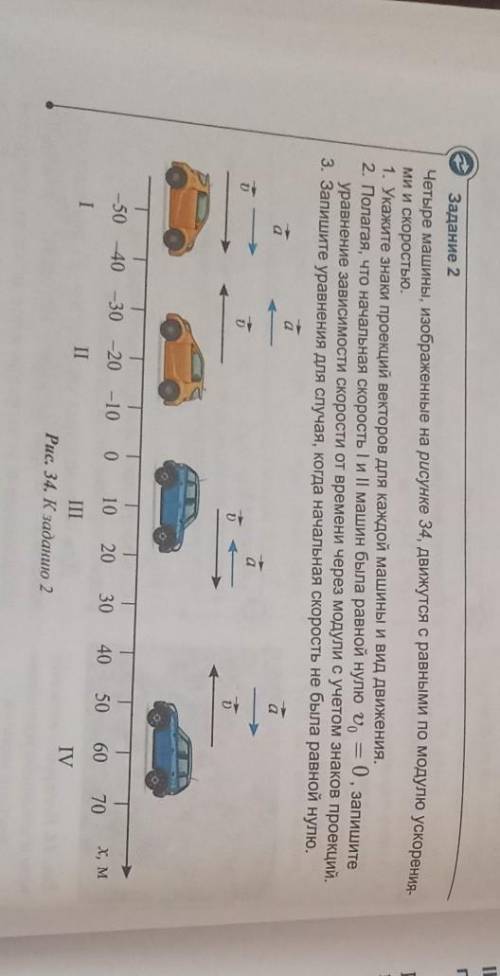 Четыре машины изображенные на рисунке 34, движутся с равными по модулю ускорениями и скоростью. 1. У
