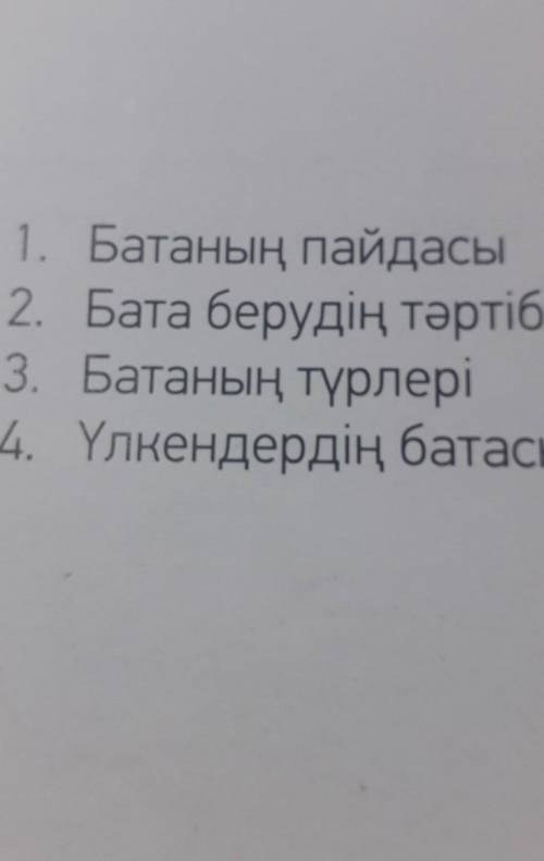 1. Батаның пайдасы2. Бата берудің тәртібі3. Батаның түрлері4. Үлкендердің батасы​