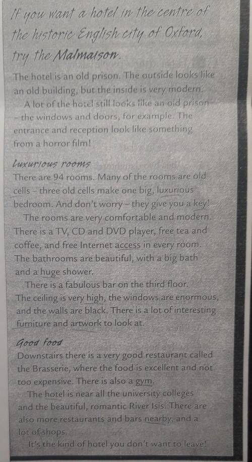 6 The Malmaison Hotel, Oxford 1 Read about the Malmaison Hotel.Underline the correct answer.1 The Ma