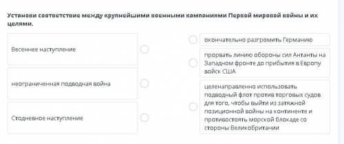 Установи соответствие между крупнейшими военными кампаниями Первой мировой войны и их целями.