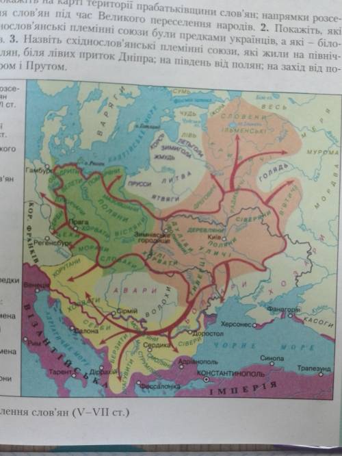 Скориставшись картою, заповніть у зошиті таблицю « Розселення східних слов'ян на території України н