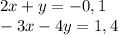 2x+y=-0,1 \\ -3x-4y=1,4