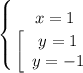 \left \{ {{\left\begin{array}{ccc}x=1\end{array}\right } \atop {\left[\begin{array}{ccc}y=1\\y=-1\end{array}\right }} \right.\\