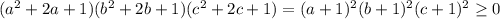 (a^2+2a+1)(b^2+2b+1)(c^2+2c+1)= (a+1)^2(b+1)^2(c+1)^2\geq 0