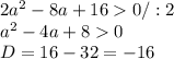 2a^2-8a+160 /:2\\a^2-4a+80\\D=16-32=-16\\