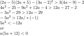 (2a-5)(2a+5)-(3a-2)^23(4a-9)-2\\4a^2-25-9a^2+12a-412a-27-2\\-5a^2-2912a-29\\-5a^212a /*(-1)\\5a^2