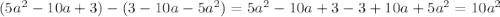 (5a^{2}-10a+3)-(3-10a-5a^{2})=5a^{2}-10a+3-3+10a+5a^{2}=10a^{2}