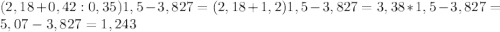 (2,18+0,42:0,35)1,5 - 3,827 = (2,18 + 1,2)1,5 - 3,827 = 3,38 * 1,5 - 3,827 = 5,07 - 3,827 = 1,243