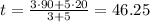 t=\frac{3\cdot 90+5\cdot 20}{3+5} =46.25