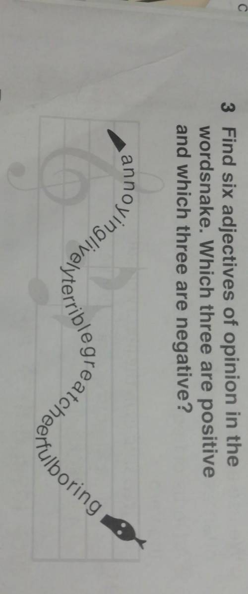 Find six adjectives of opinion ih the wordsnake. Which three are. positive and which three are negat