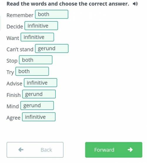 Read the words and choose the correct answer. infinitive/gerund/both