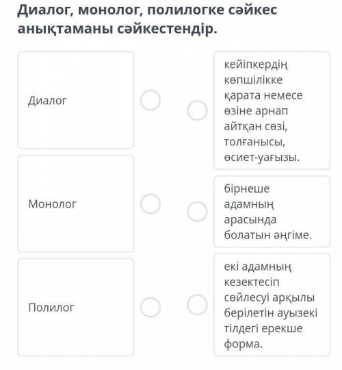 Рухани құндылықтар диалог,монолог,полилогке сәйкес анықтаманы сәйкестендір.​