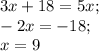 3x+18=5x;\\-2x=-18;\\x=9\\