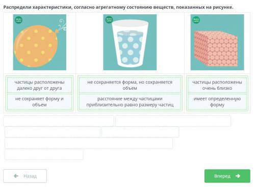 Распредели характеристики, согласно агрегатному состоянию веществ, показанных на рисунке. частицы ра