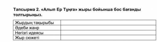 Тапсырма 2. «Алып Ер Тұңға» жыры бойынша бос бағанды толтырыңыз. Жырдың тақырыбы Әдеби жанр Негізгі