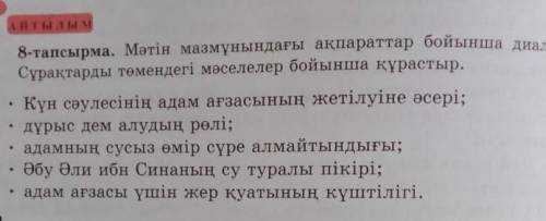 Мәтін мазмұнындағы акпараттар бойынша диалог құра. Сұрақтарда төмендегі мәселелер бойынша құрастыру