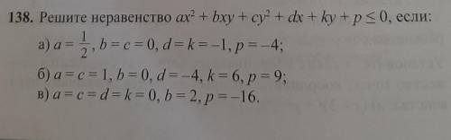 138. Peminte hepaBeHCTBO ax2 + bxy + cy2 + dx + ky + p<0, ecdu: a) a = 2,6=c=0, d=k=-1, p=-4;6) a