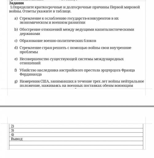 Определите кратко и долго Первой мировой войны ответы Укажите в таблице​