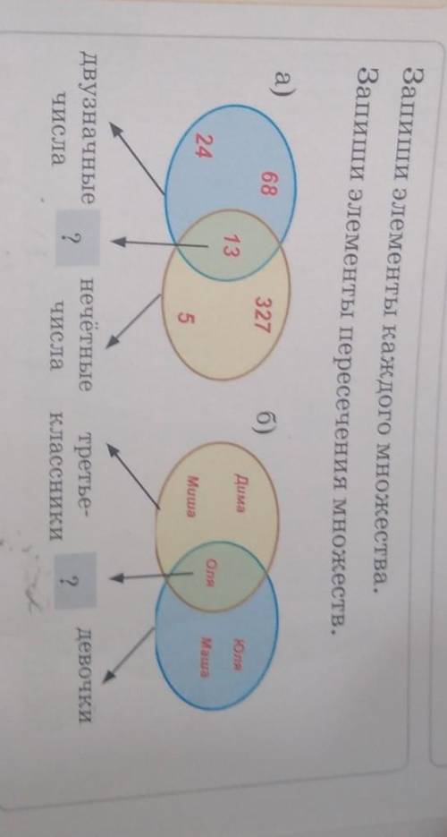 Запиши элементы каждого множества. Запиши элементы пересечения множеств.a)68327б)ДимаOns13Ona24Маша5