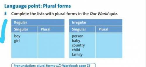 Irregular SingularRegularPluralPluralSingularboygirlpersonbabycountrychildfamily3 Complete the lists