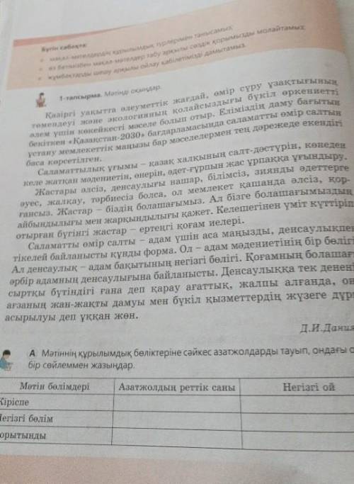 Мәтіннің құрылымдық бөліктеріне сәйкес азатжолдарды тауып,ондағы ойды бір сөйлеммен жазыңдар ​