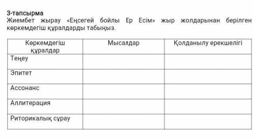 Жиембет жырау «Еңсегей бойлы Ер Есім» жыр жолдарынан берілген көркемдегіш құралдарды табыңыз Очень н