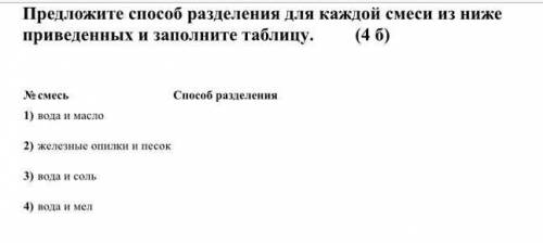 3.На уроке химии ученику были выданы 4 смеси. Предложите разделения для каждой смеси из ниже приведе