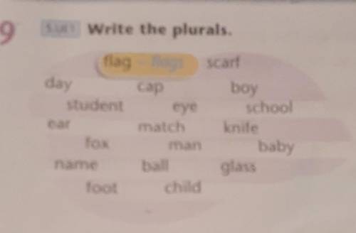 9 5.UE1 Write the plurals.dayflag - flags scarfcapboystudent eye schoolearmatch knifefoxmanbabynameb