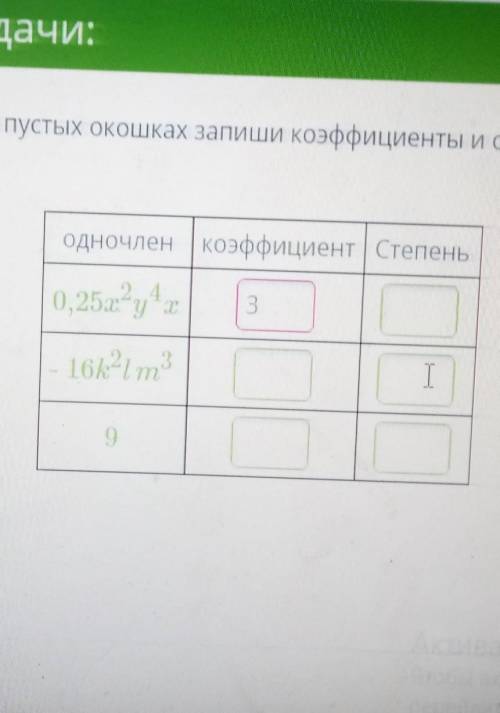 Условие задачи: 1,5Заполни таблицу, в пустых окошках запиши коэффициенты и степени поданныхОДНОЧлено