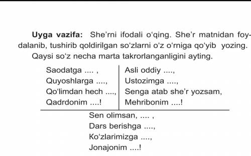 Uygа vаzifа: She’rni ifodali o‘qing. Shе’r mаtnidаn fоydаlаnib, tushirib qоldirilgаn so‘zlаrni o‘z o