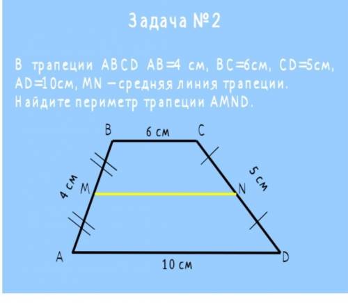 В трапеции abcd ab=4 см bc=6 см cd=5 см. MN-средняя линия. Найите периметр AMND​