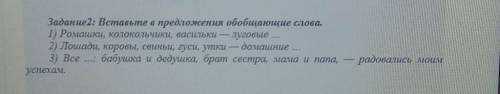 Задание2: Вставьте в предложения обобщающие слова. 1) Ромашки, колокольчики, васильки — луговые ...2