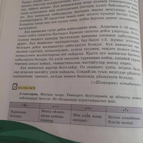 ЖАЗЫлым 5-тапсырма. Мәтінді талда. Төмендегі белгілермен әр абзацты немесе сөйлемдерді белгіле. Өз о