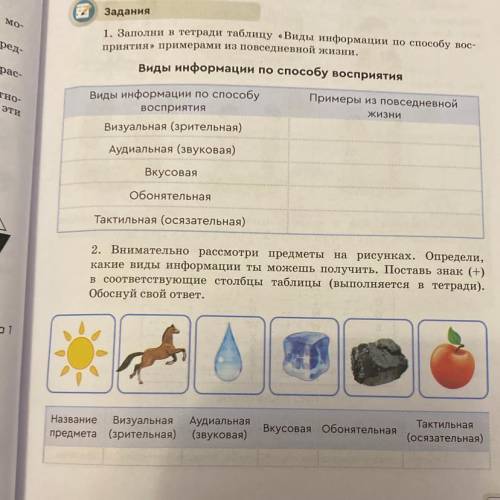 1. Заполни в тетради таблицу «Виды информации по вос- приятия, примерами из повседневной жизни. Виды