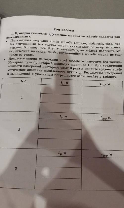 Ход работы 1. Проверка гипотезы: «Движение шарика по жёлобу является рав-ноускоренным».- Подкладывая