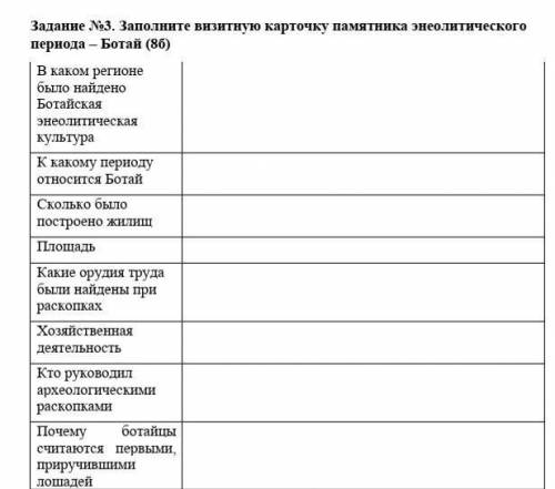 Задание №3. Заполните визитную карточку памятника энеолитического периода – Ботай (8б) В каком регио