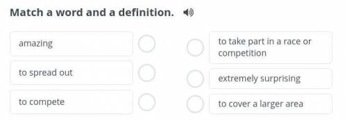 Match a word and a definition. 1)amazing2) to spread cut 3) to competeа) to take part n a race or co