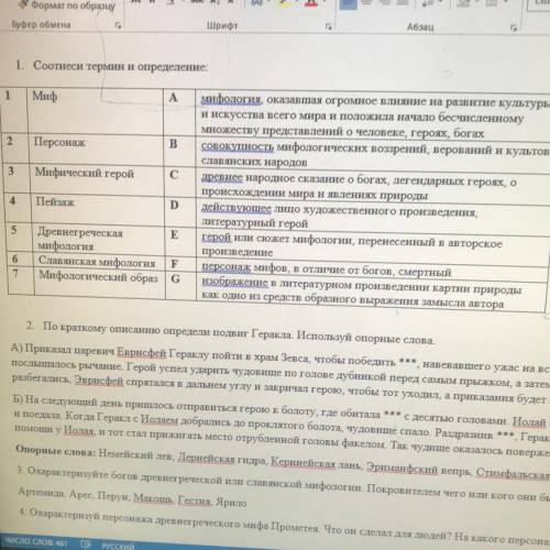 1. Соотнеси термин и определение: 1 Миф A 2 Персонаж B 3 Мифический герой С мифология, оказавшая огр