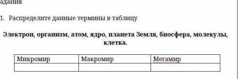 Распределите данные термины в таблицу макромир мегамир микромир.У меня СОР