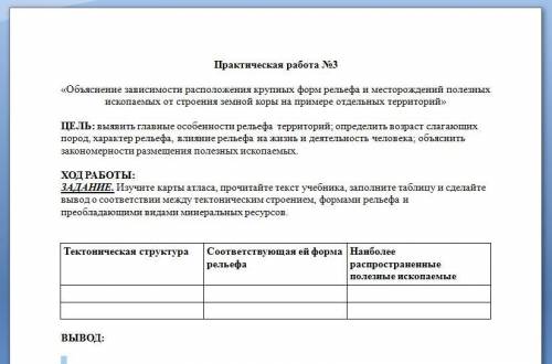 Практическая работа №3 «Объяснение зависимости расположения крупных форм рельефа и месторождений пол