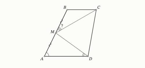 На боковой стороне AB трапеции ABCD (AD∥BC) отмечена середина M. Известно, что AD+BC=CD, ∠BAD=56∘, ∠
