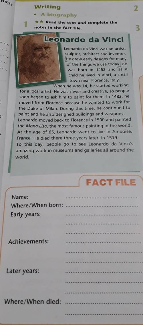 N 1A biography** Read the text and complete thenotes in the fact file,3Leonardo da Vinci>>Leon