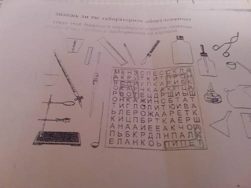 Среди этой буквенной неразберихи отыщите названия лабораторных приборов изображенных на картинке