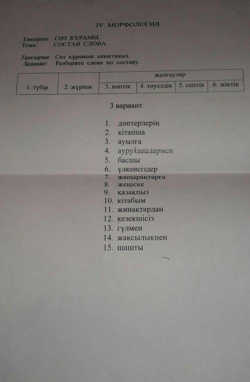 Жалғаулар 1. түбір2. Жұрнақ3. көптік4. тәуелдік 5. септік6. жіктік3 вариант1. дәптерлерің2. кітапша3