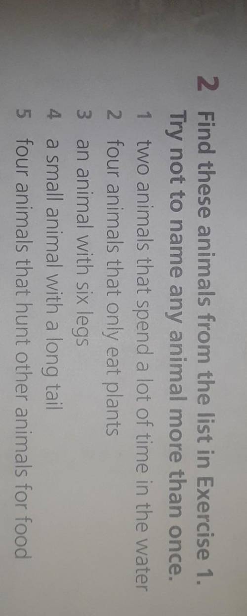 1 two animals that spend a lot of time in the water2 four animals that only eat plants3 an animal wi