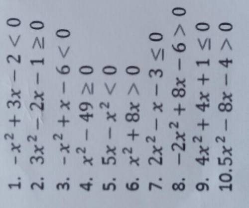 Алгебра 9 класс: 1. -x^2+3x-2<02. 3x^2-2x-1>или=03. -x^2+x-6<04. x^2-49>или=05. 5x-x^2&l