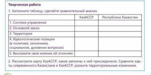 Заполните таблицу, сделайте сравнителтный анализ. 2. Рассмотрите карту КазАССР, какие регионы к ней